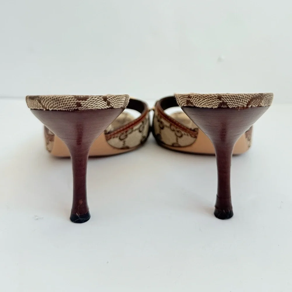 Gucci Brown Leather trim GG Supreme Canvas Bamboo Horsebit mule heels 9 - Picture 6 of 7